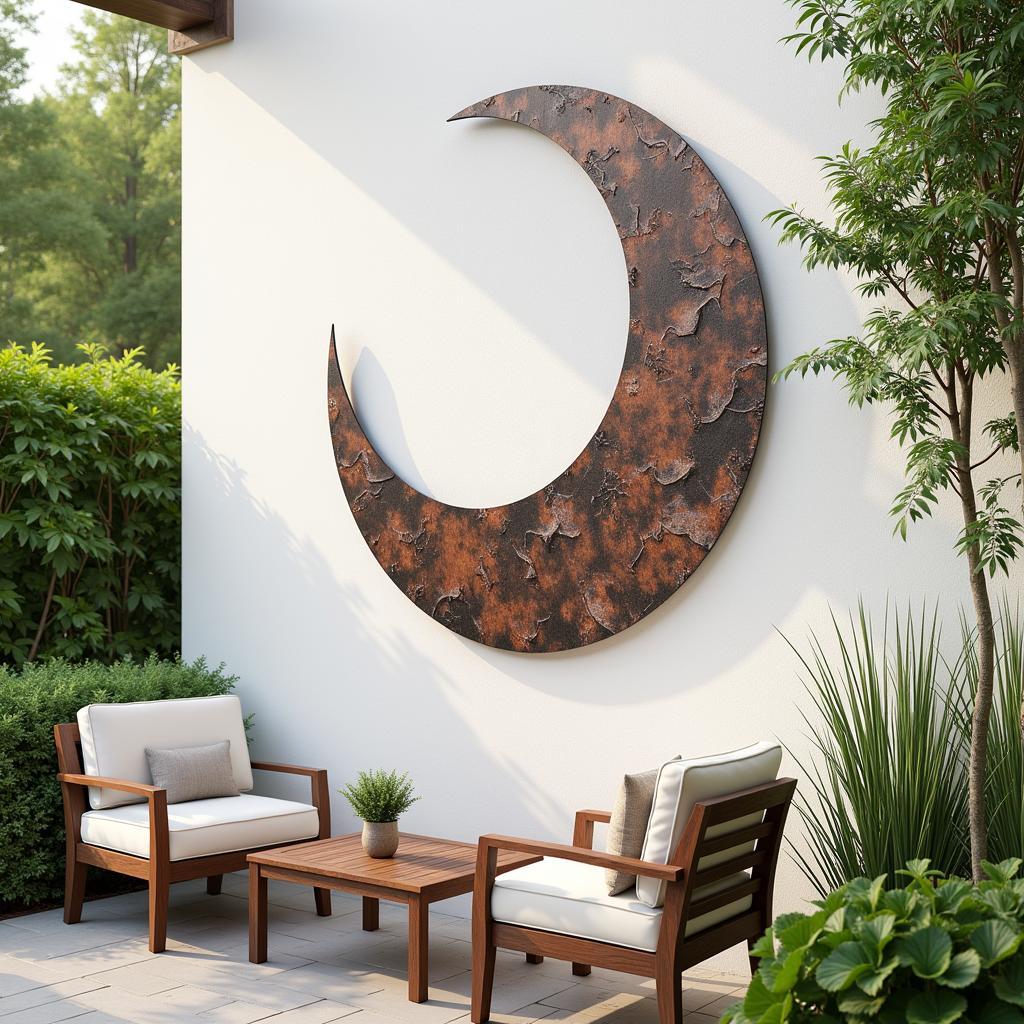 A large crescent moon metal wall art piece hangs on a patio wall, surrounded by greenery.