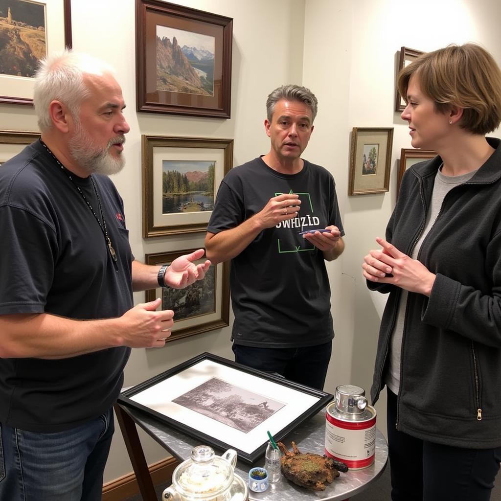 An artist engaging in conversation with visitors at their booth during the Crested Butte Art Walk, discussing their artwork and inspiration.