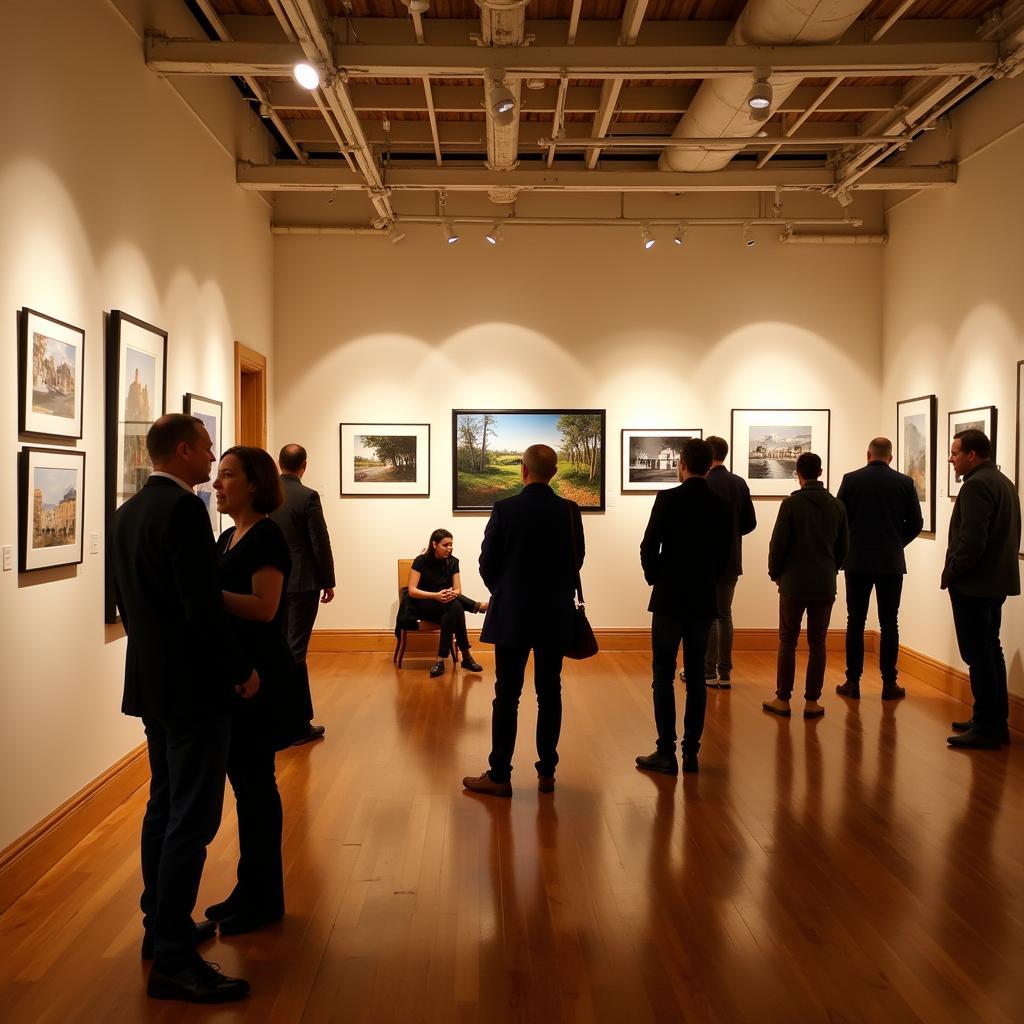 Inside a bustling art gallery during the Crested Butte Art Walk, filled with visitors admiring paintings and sculptures.