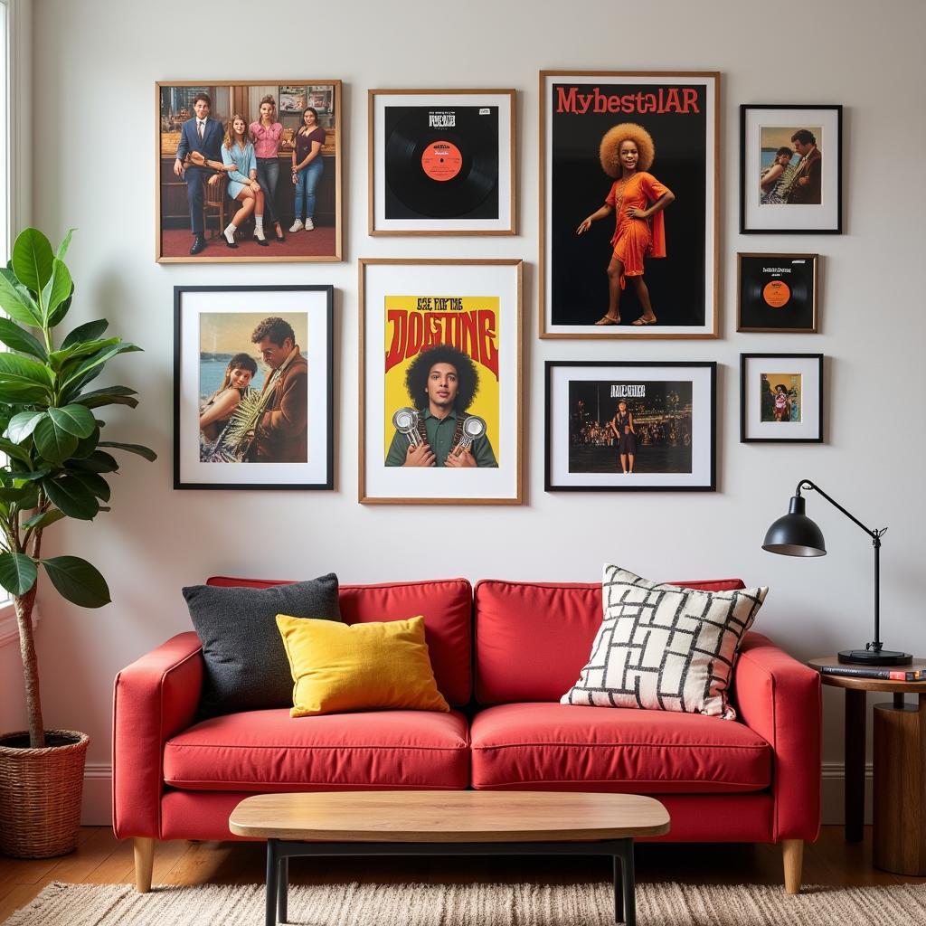 Custom album cover wall art displayed in a modern living room