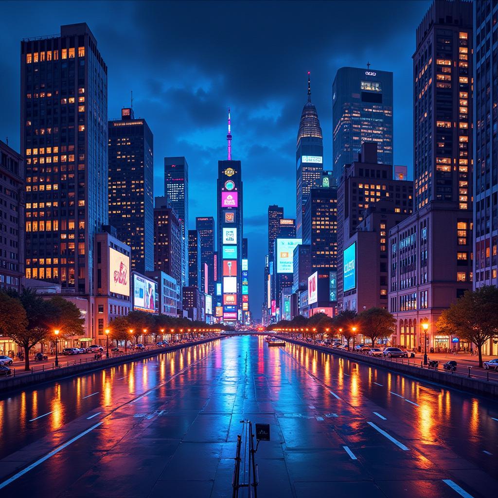 Custom-Designed Wallpaper Featuring a Digital Painting of a Cityscape at Night