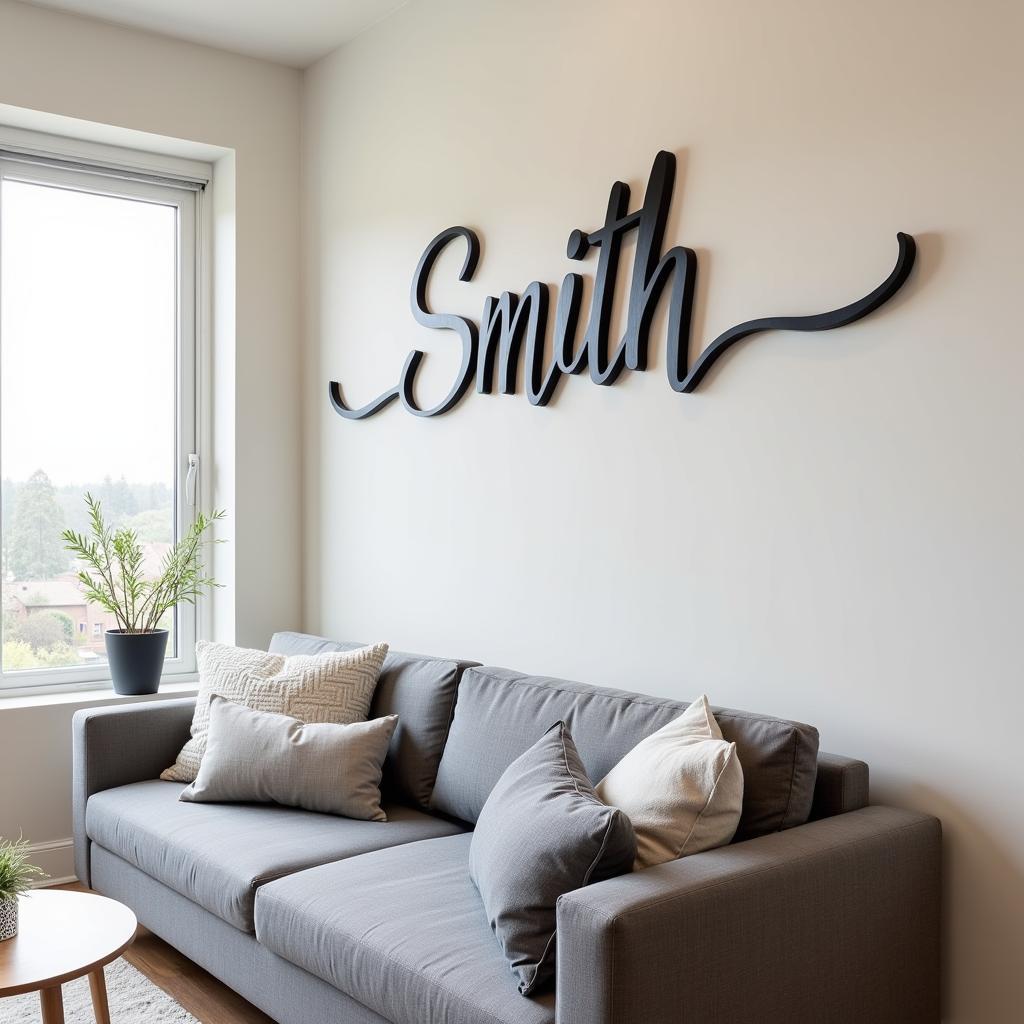 Modern Living Room Decorated with a Custom Family Name Wall Art