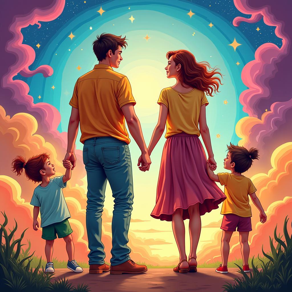 Custom Family Wall Art Portrait with Parents and Two Children