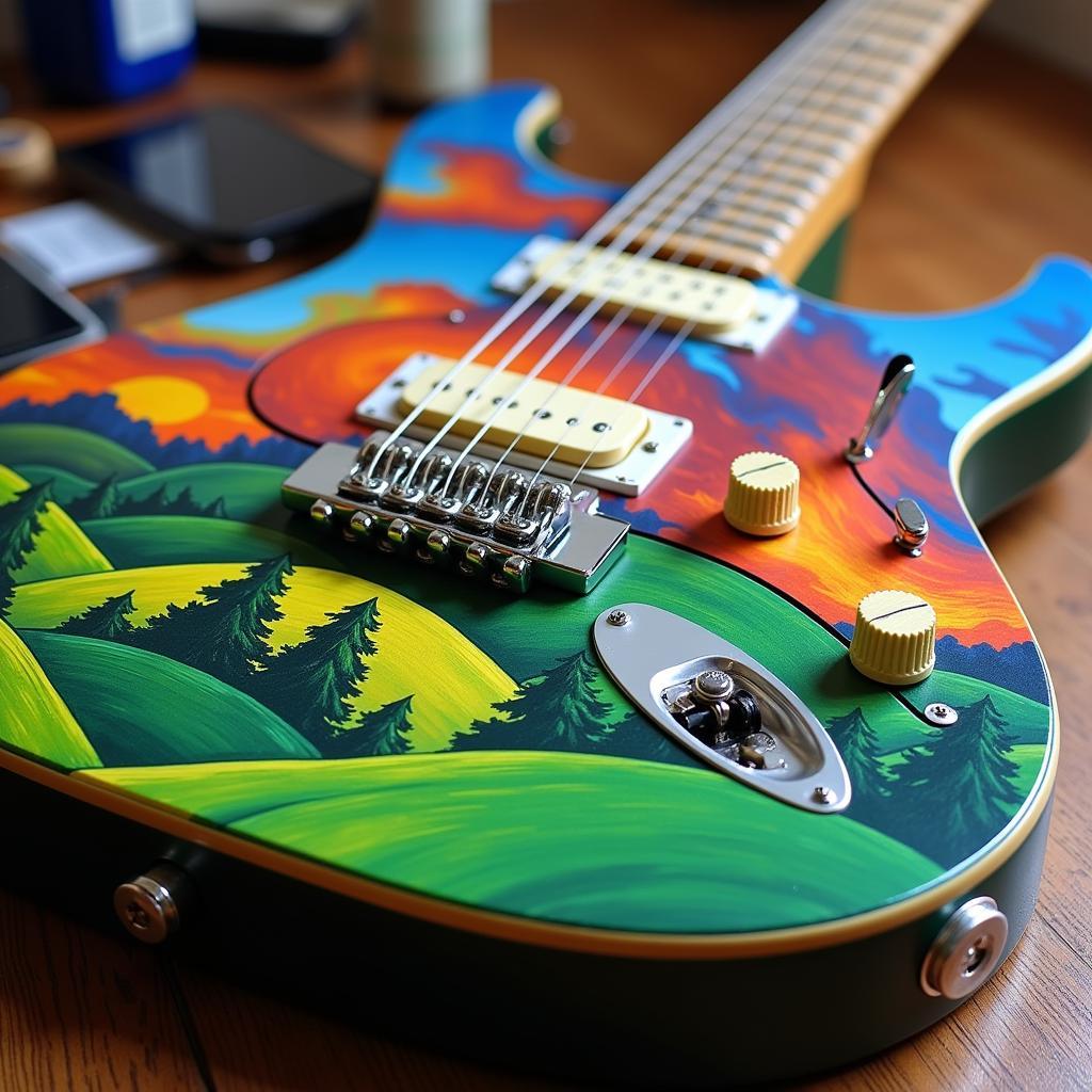 Hand-painted custom art on a guitar depicting a vibrant landscape.