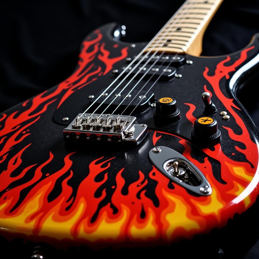 A rockstar style guitar with custom artwork featuring flames and skulls.