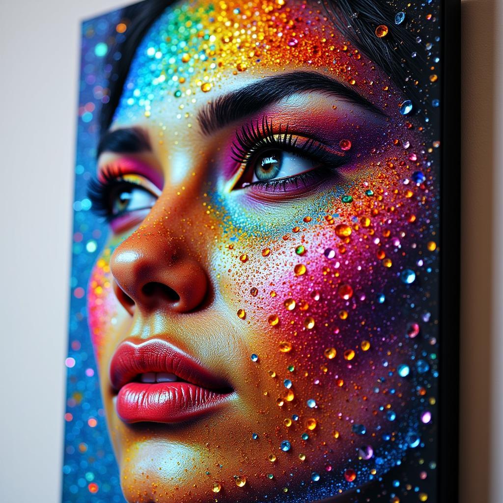 A custom rainbow diamond art piece depicting a vibrant portrait.