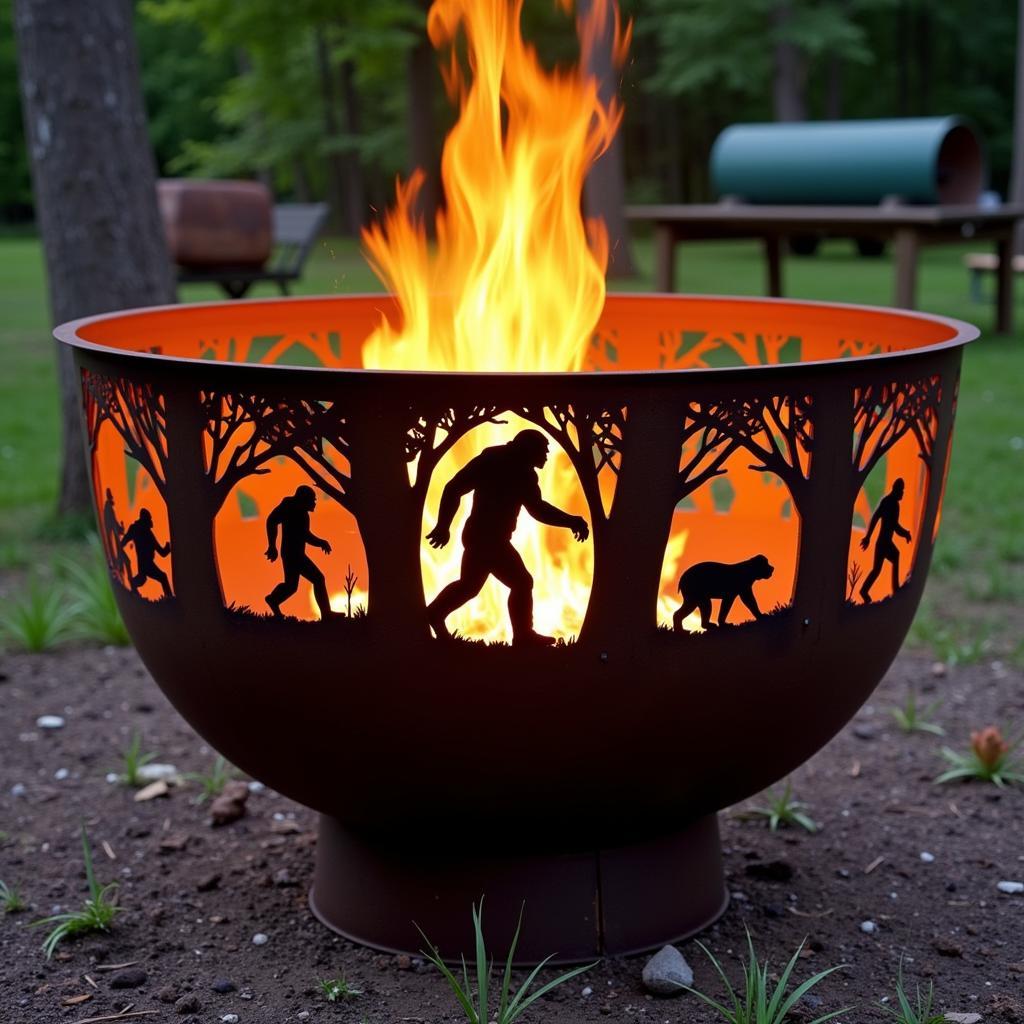 A custom-made Sasquatch metal art fire pit