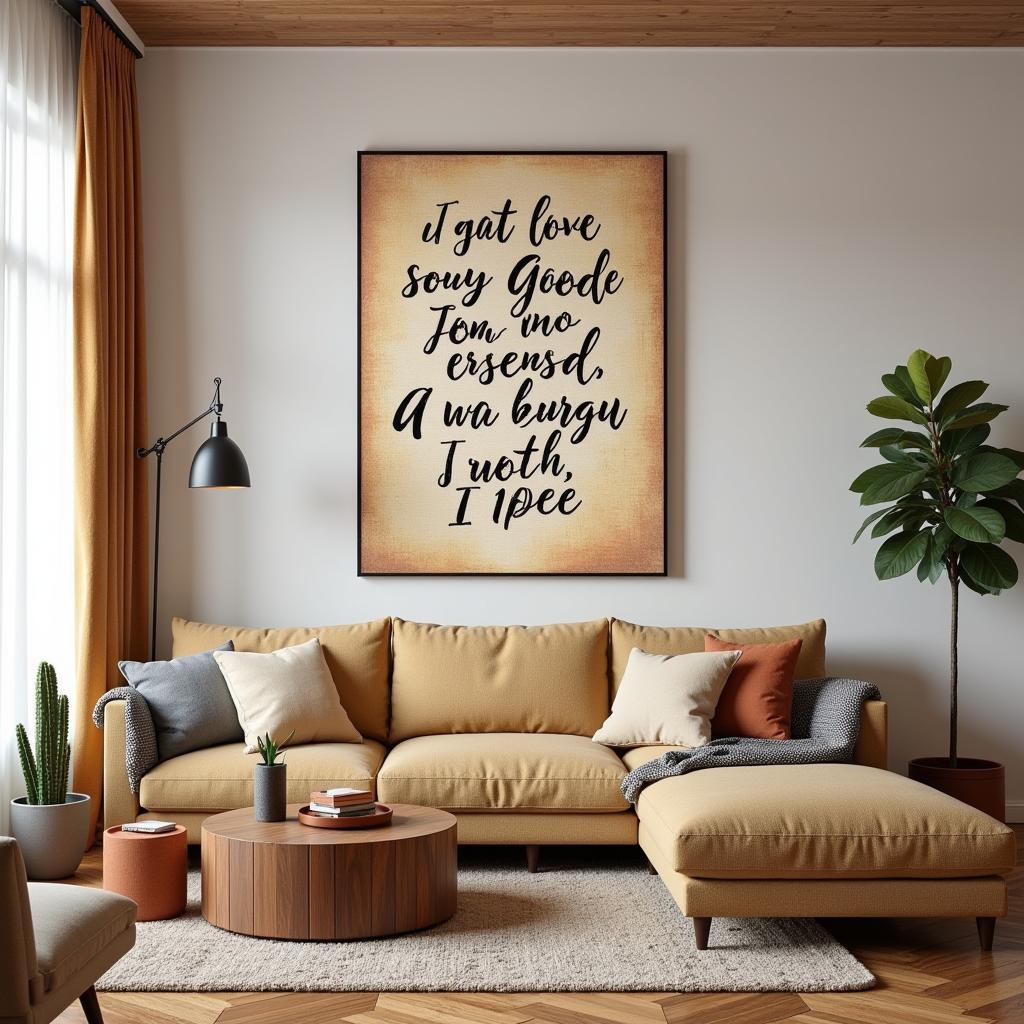 Custom wall art quotes add a personal touch to a living room.