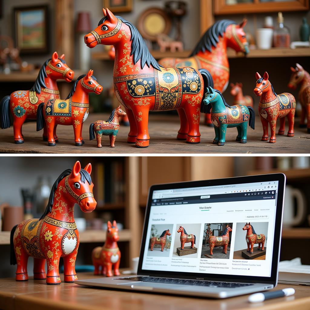 Dala Horse Art Display in Traditional Swedish Workshop and Online Marketplace