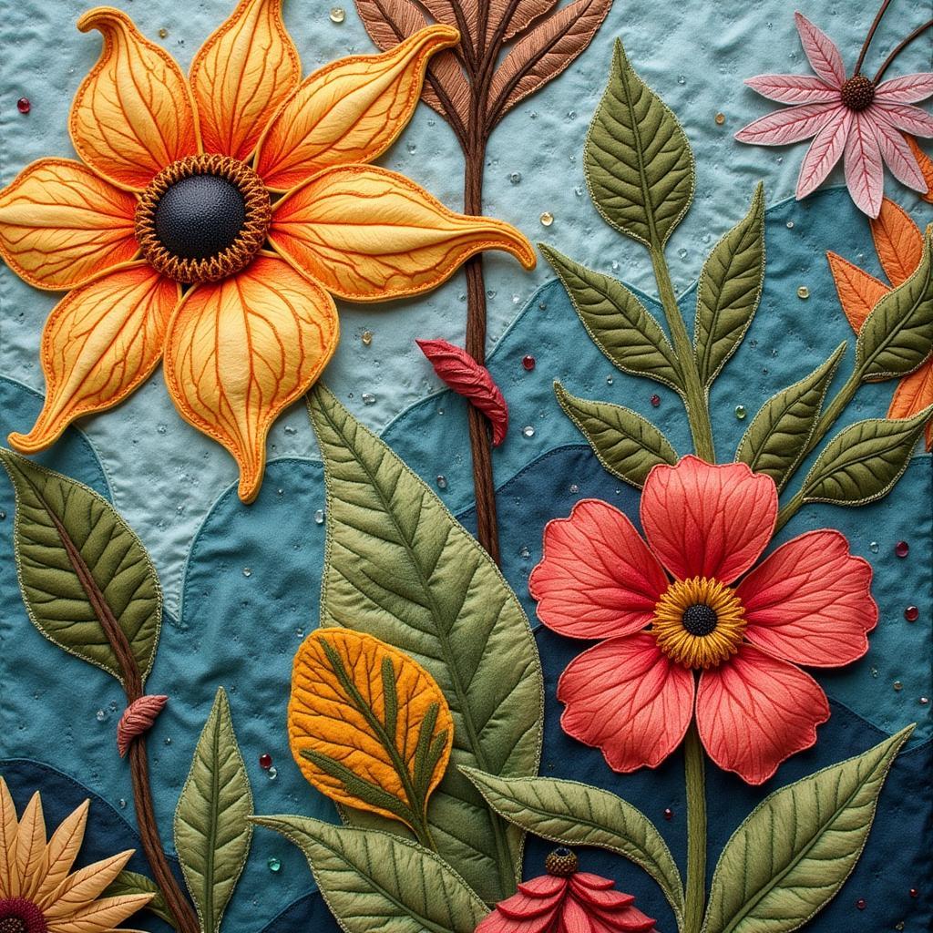 Detailed art quilt with intricate stitching and a nature-inspired design