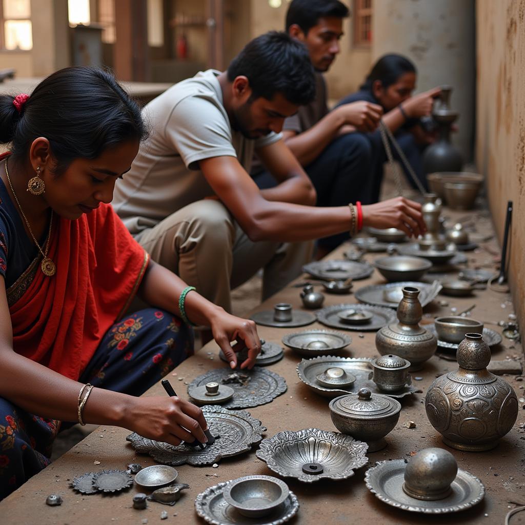 Dhokra Tribal Artisans at Work: A captivating scene of Dhokra artisans practicing their craft, showcasing their skills and dedication.