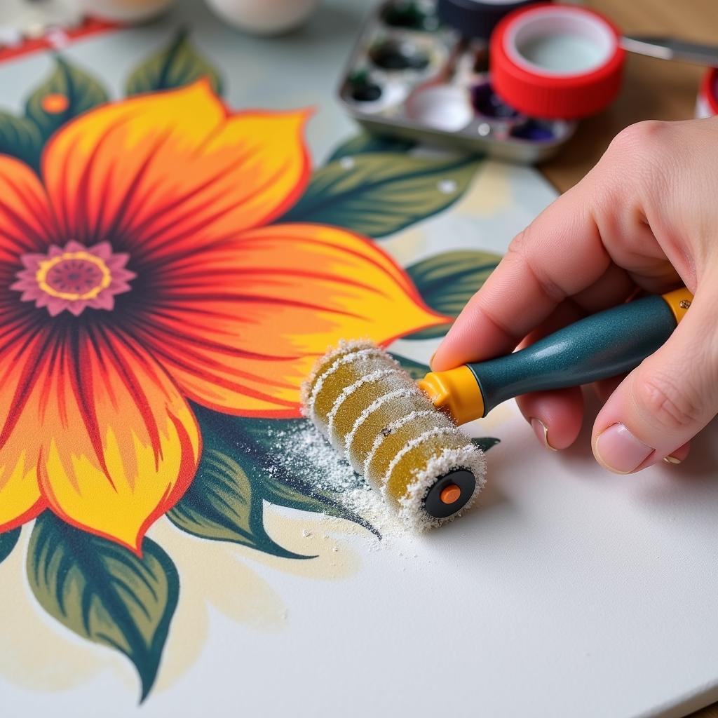 Diamond art roller being used to flatten drills on a canvas.