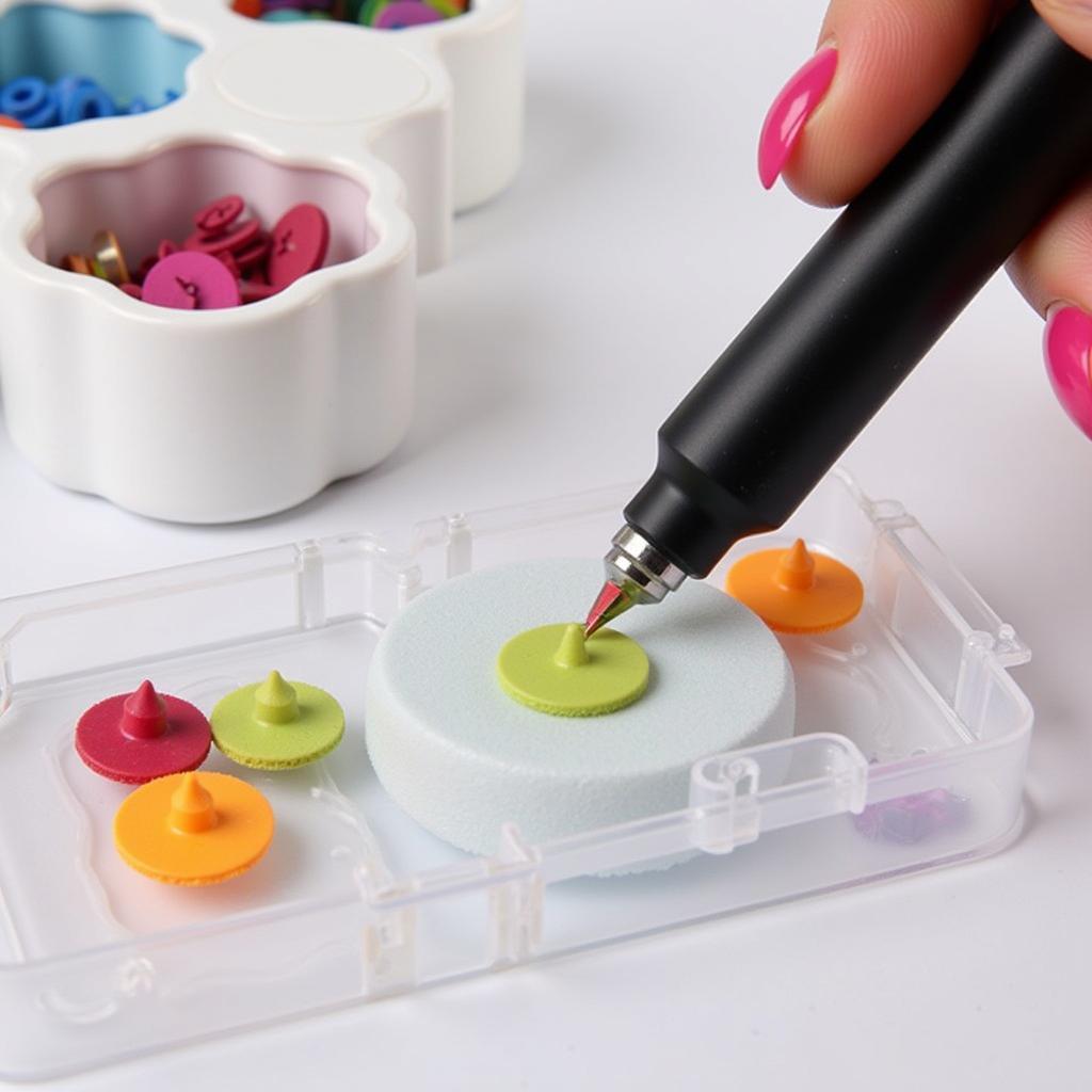 Close-up view of diamond painting tools: applicator pen, wax, tray, and colorful drills.