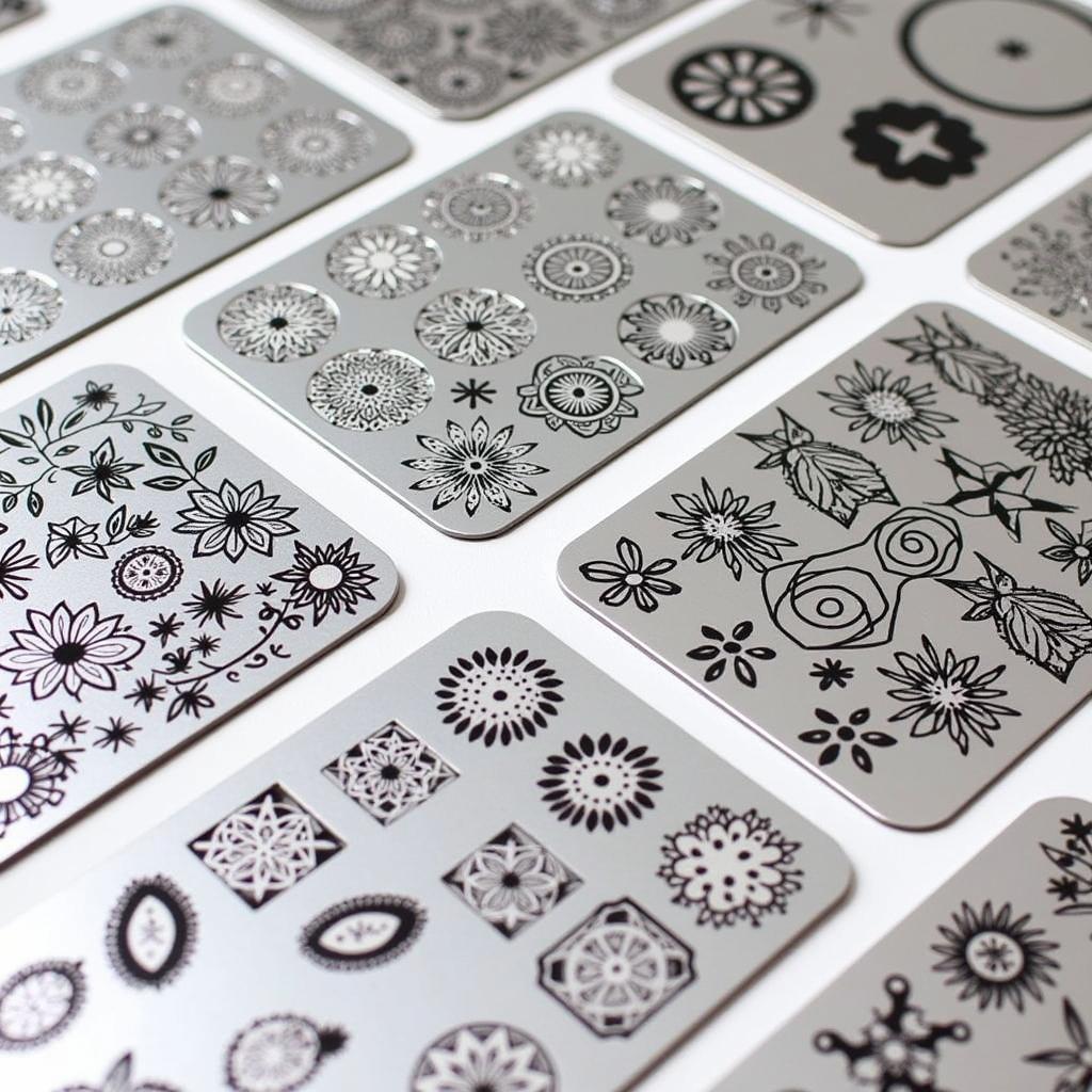 Variety of nail stamping plates showcasing different patterns and themes.