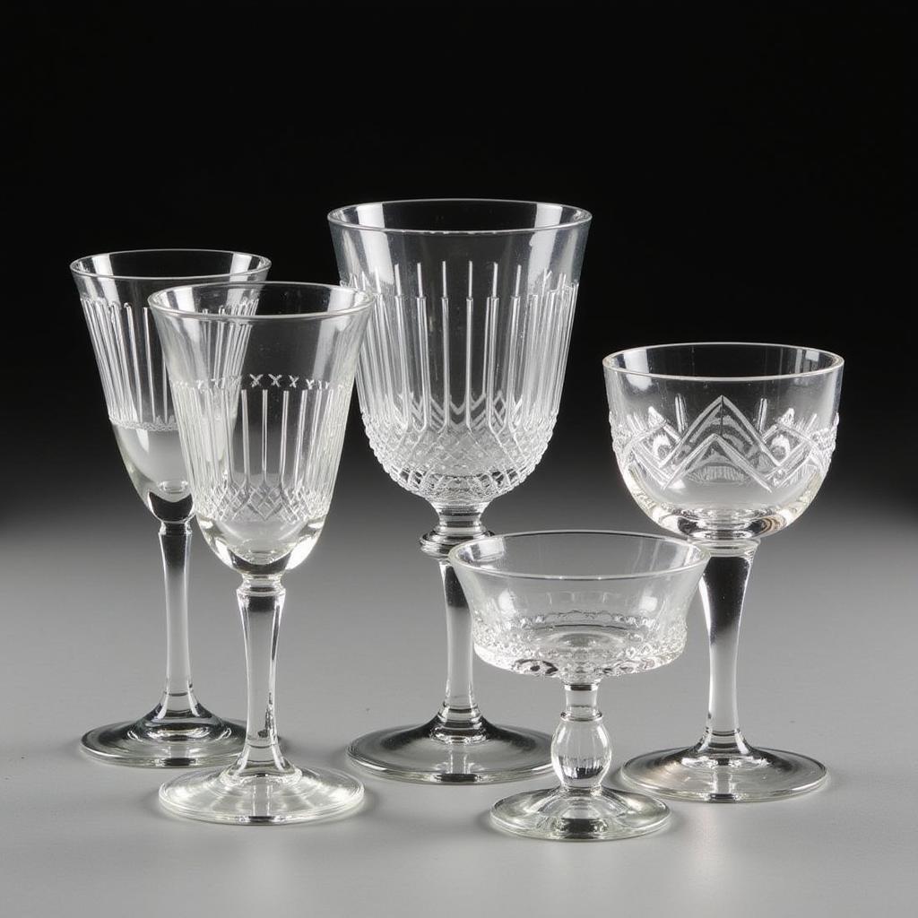 A variety of art deco coupe glasses showcases different styles, sizes, and colors, offering a diverse range of choices for collectors and cocktail enthusiasts.