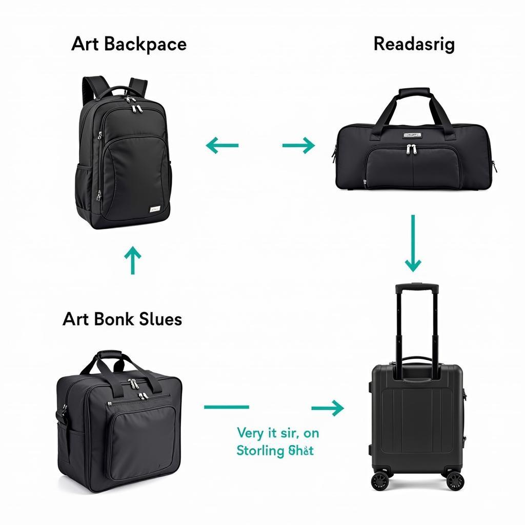 Various types of art supply bags: backpack, shoulder bag, rolling case.