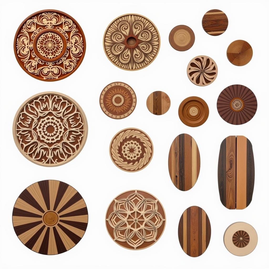 Various types of circular wood wall art displayed on a wall