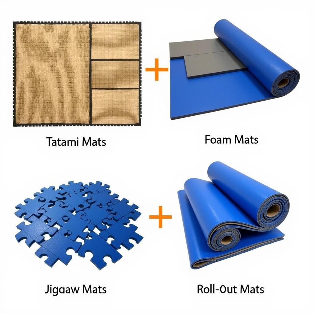 Various types of martial arts mats: tatami, foam, jigsaw, and roll-out mats.