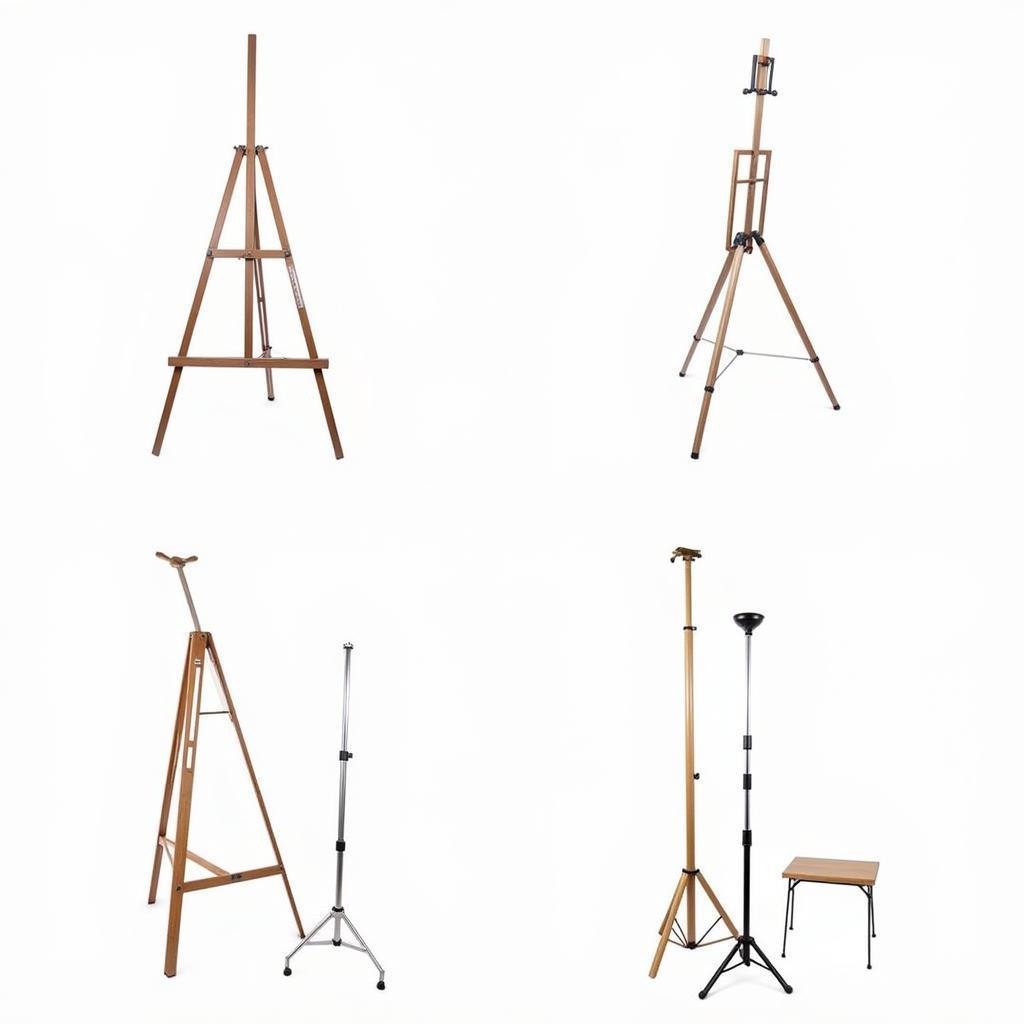 Various types of painting art easels, including H-frame, A-frame, and tabletop easels.