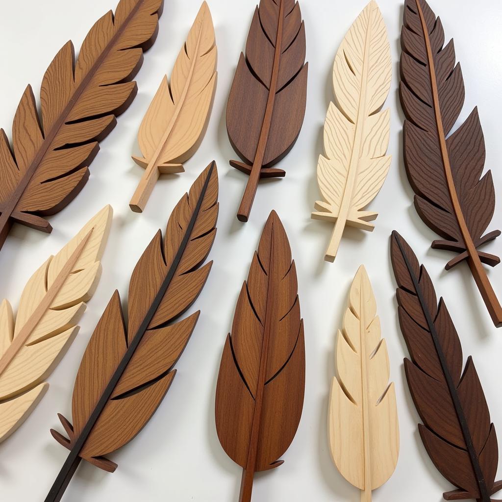 Close-up view of different wood types used in creating feather wall decor, showcasing various textures and colors