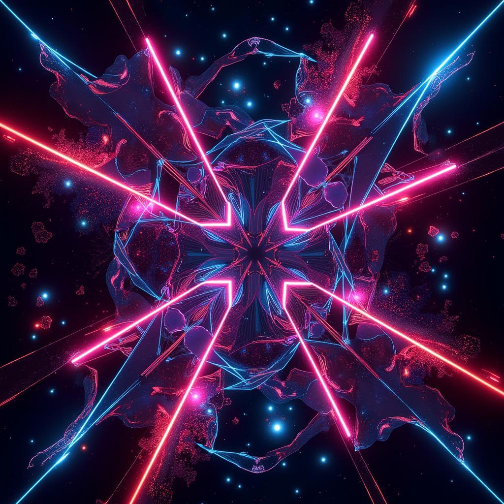 Abstract digital art composition with glowing neon colors and intricate patterns