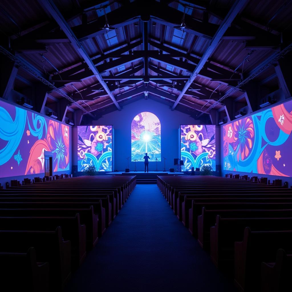 Projection mapping transforming a church interior with dynamic visuals synchronized with music.