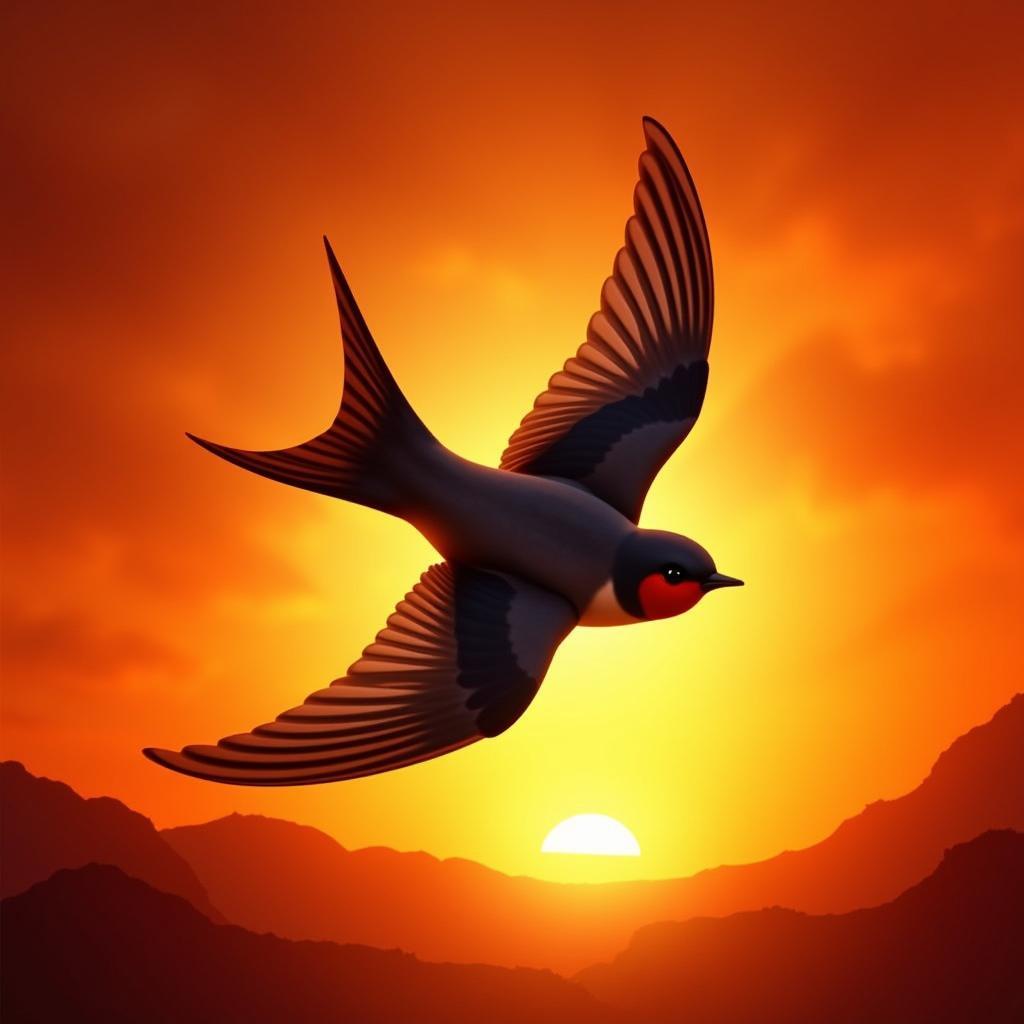 Digital Bird Art in Flight: A vibrant depiction of a swallow soaring through a sunset sky, showcasing the use of color and light in digital painting.