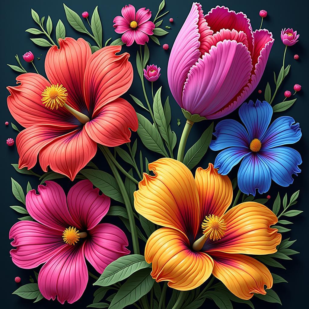 Digital artwork showcasing vibrant and stylized flowers, demonstrating the use of technology in creating unique and expressive floral art.