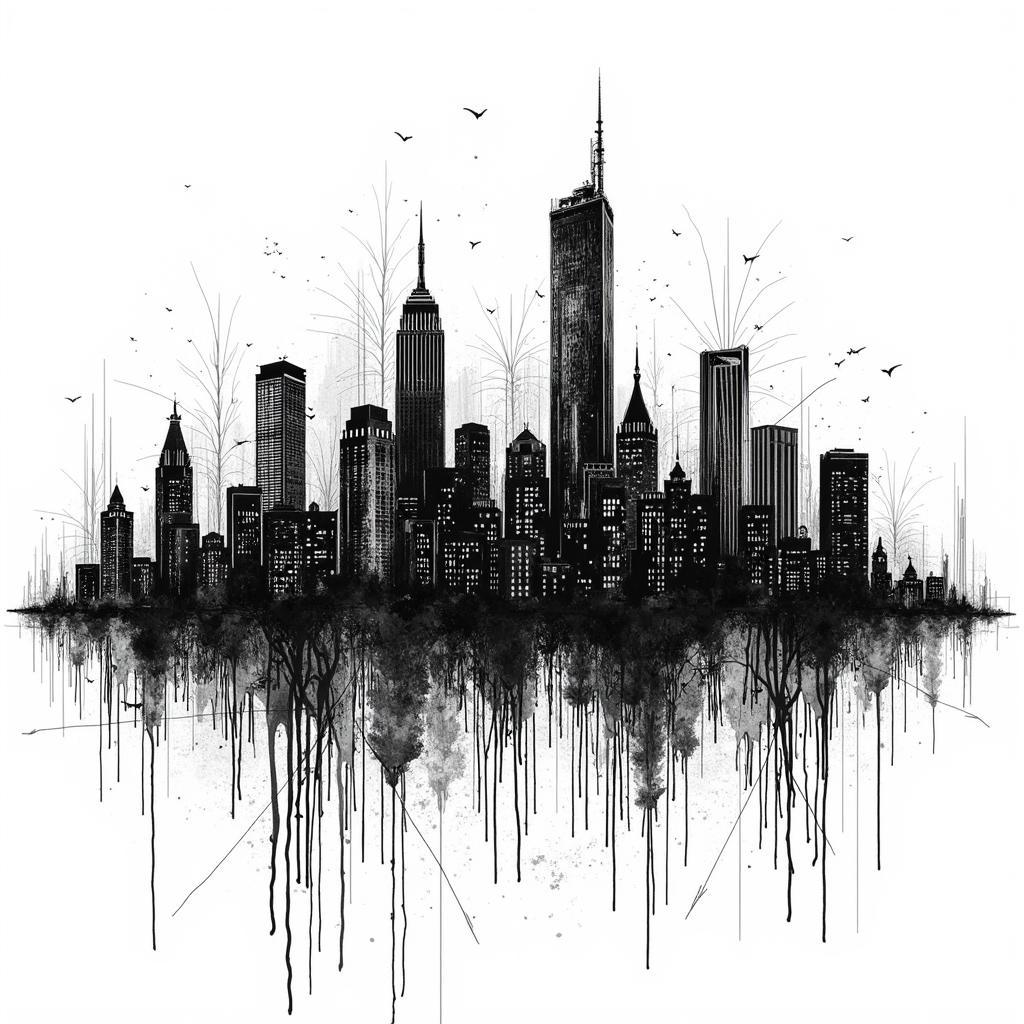 Digital Black and White Ink Illustration of a Cityscape