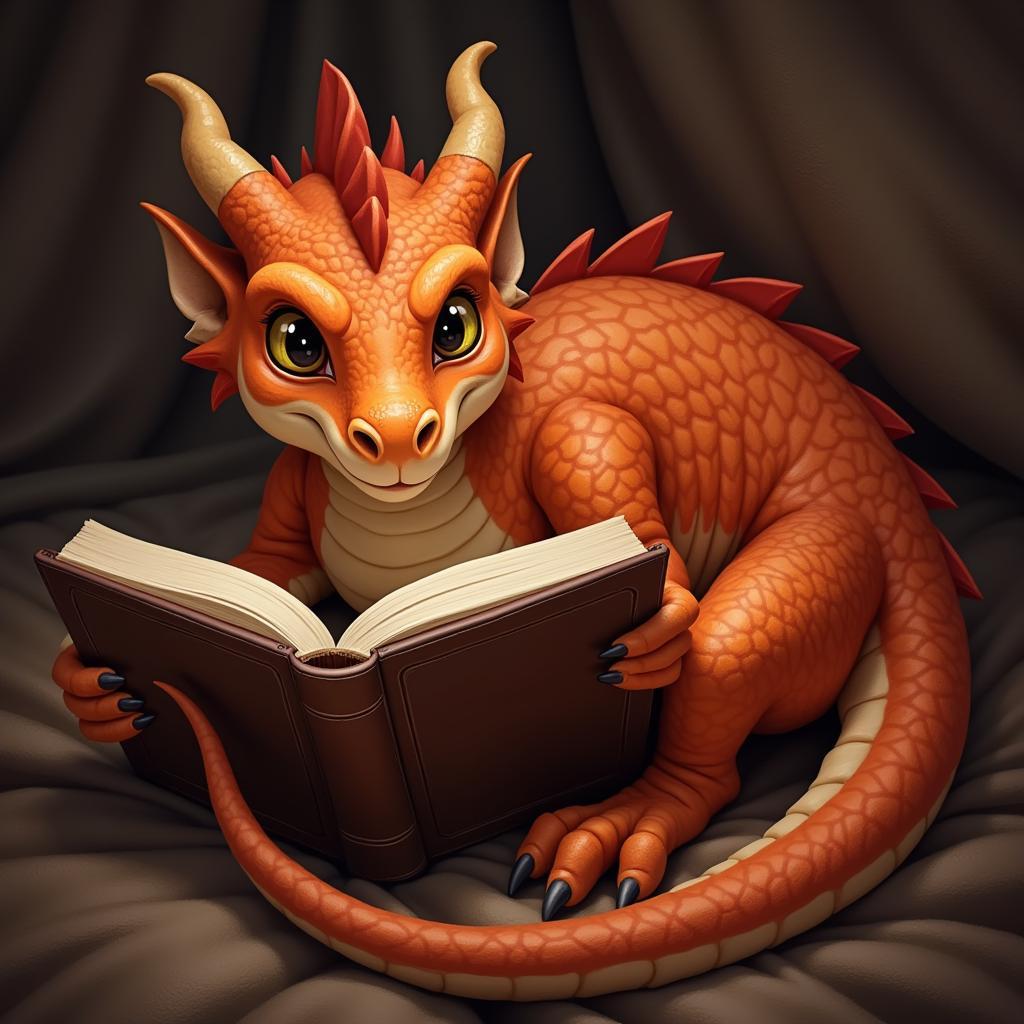 Digital painting of a dragon reading a book