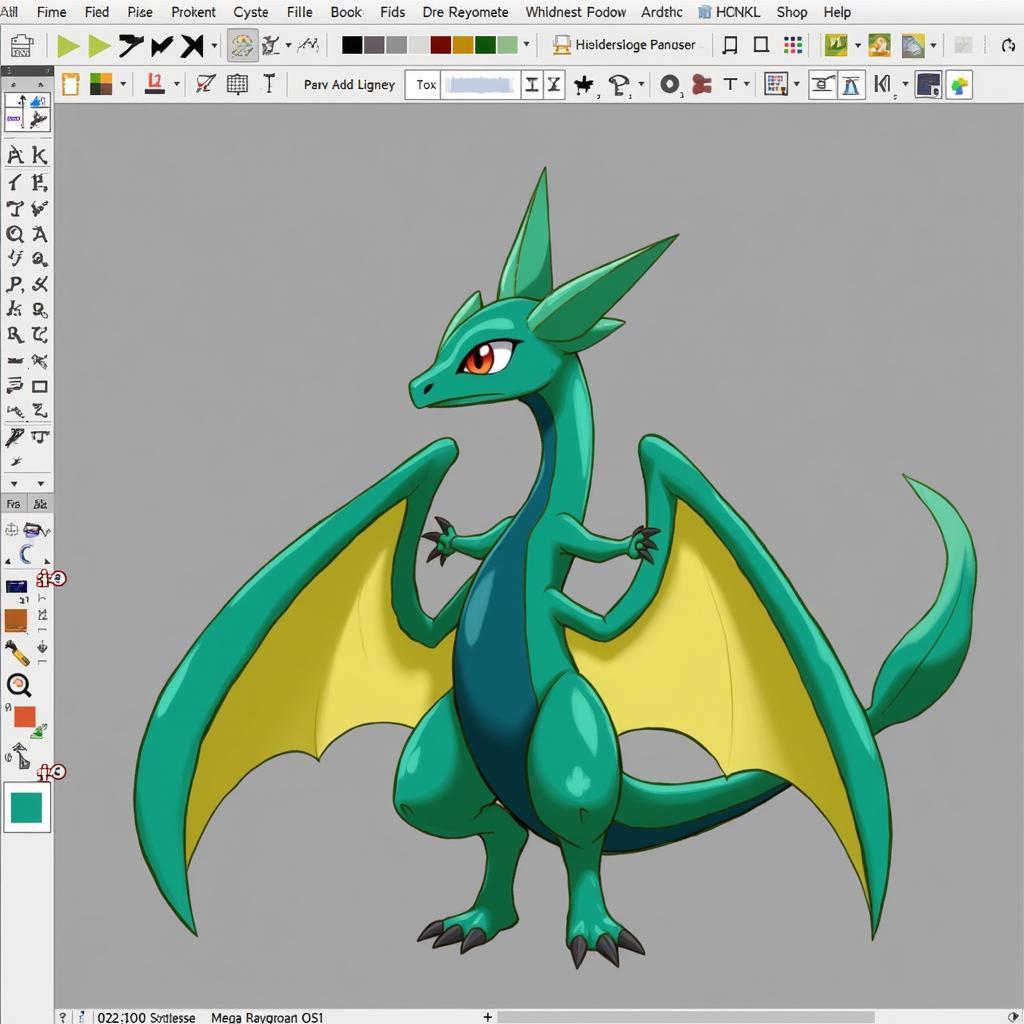 Work in progress of a digital painting of Mega Rayquaza, highlighting the use of layering and brush techniques.