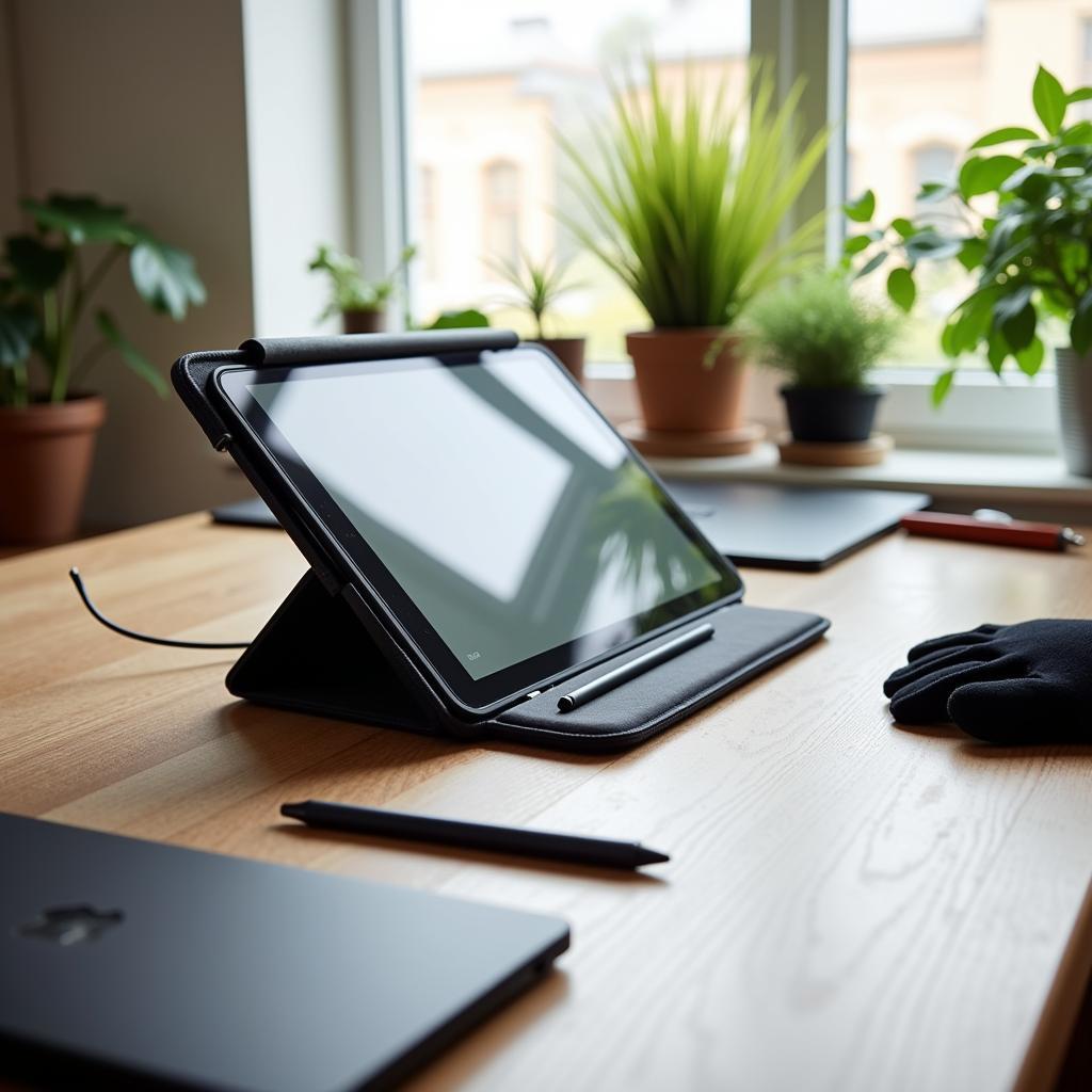 Digital portable art studio setup with a tablet, stylus, and portable charger.