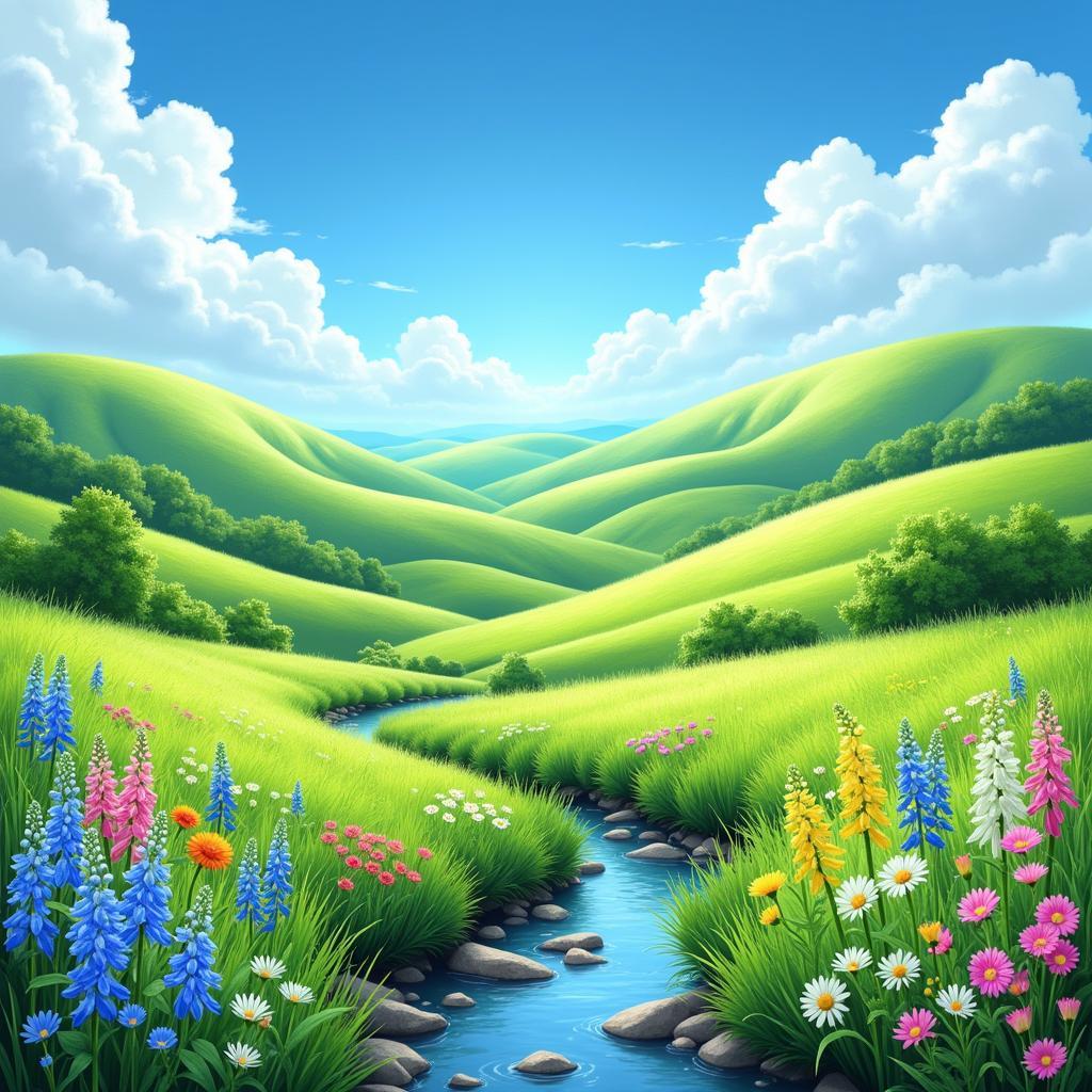 Digital Spring Landscape Art Depicting a Vibrant Meadow