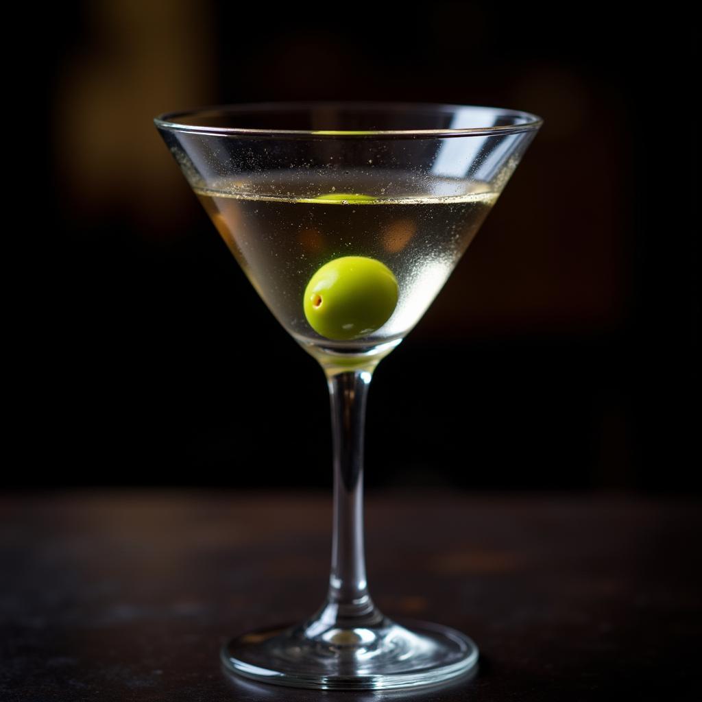 Dirty Martini Glass with Olive Reflection in Dark Background