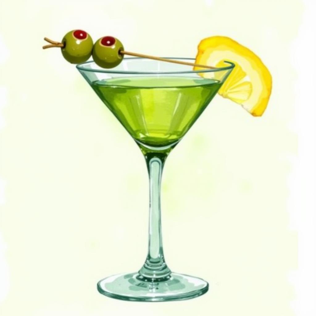 Watercolor Painting of a Dirty Martini with Olives and Lemon Twist