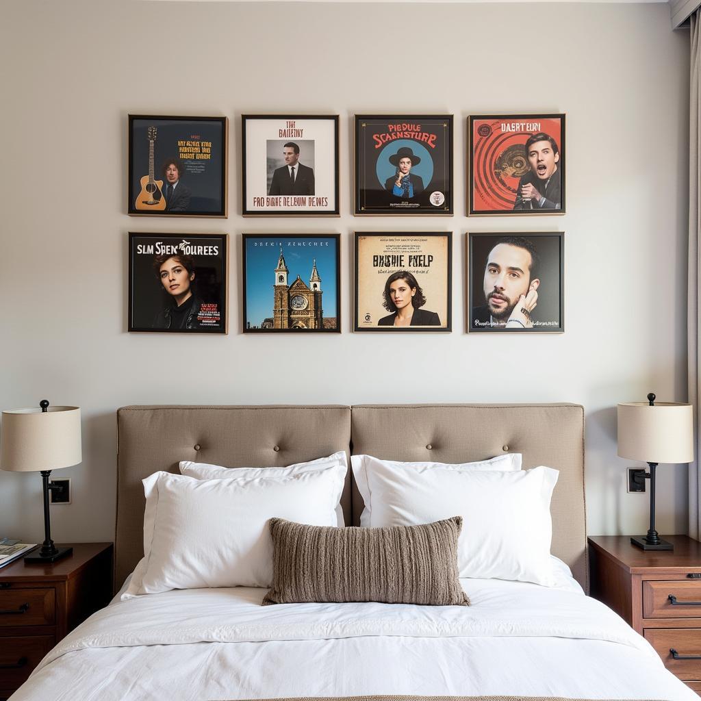 A gallery wall featuring custom album cover art in a bedroom