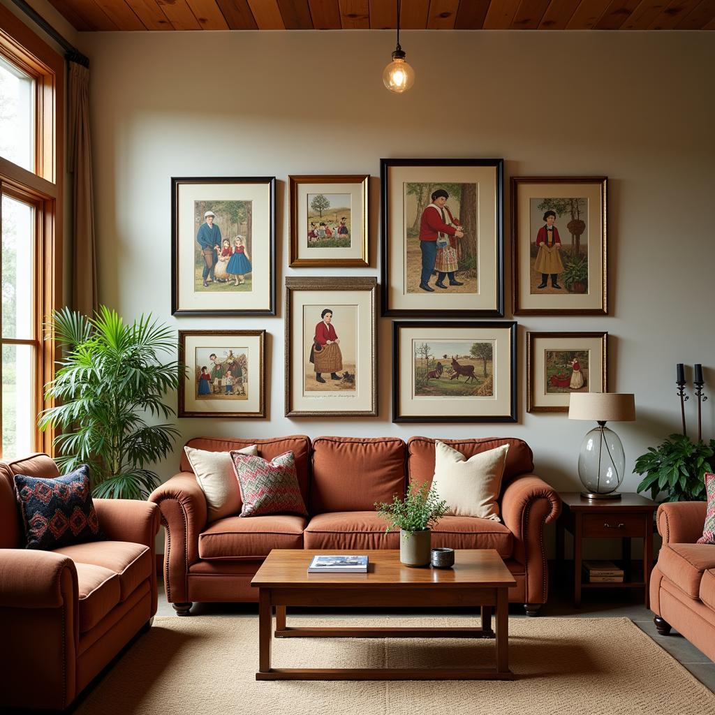 Displaying Folk Art Prints Framed in a Living Room