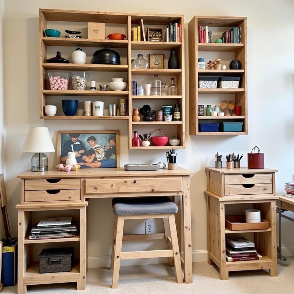 DIY art storage shelves made from reclaimed wood