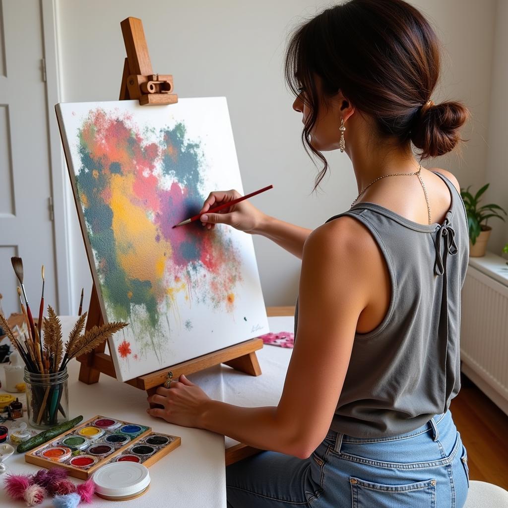 A person creating a DIY bohemian art painting using vibrant colors, natural elements, and mixed media techniques.