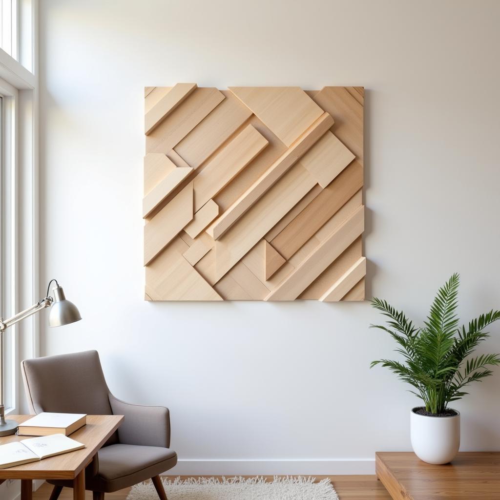 DIY geometric wooden wall art in a modern home office.