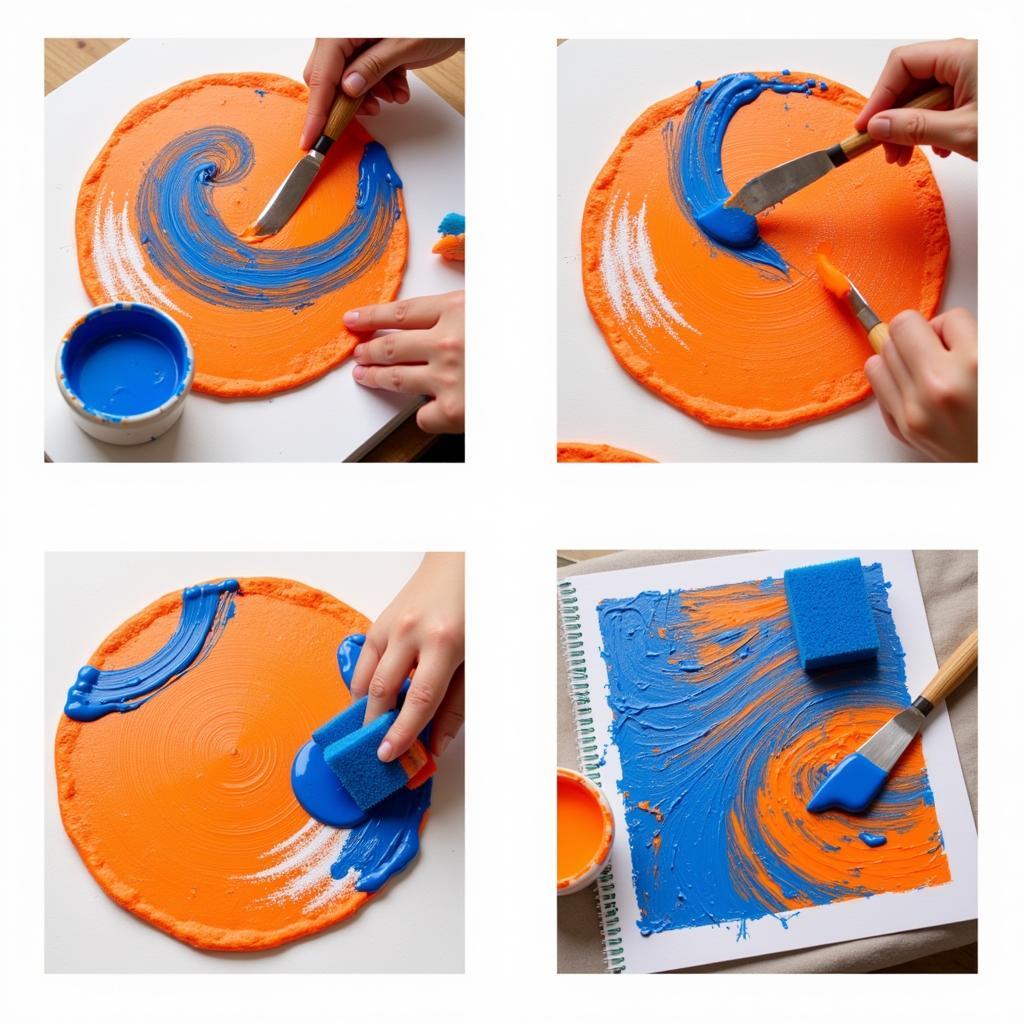 DIY orange and blue abstract art using various techniques