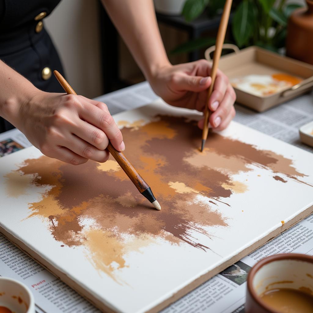 A close-up of a person's hands painting a rustic design on a canvas