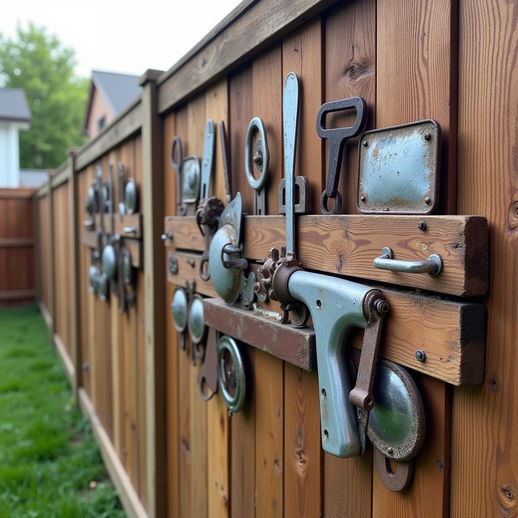 A DIY waterproof outdoor wall art project featuring repurposed metal and wood on a fence, demonstrating creativity and resourcefulness.