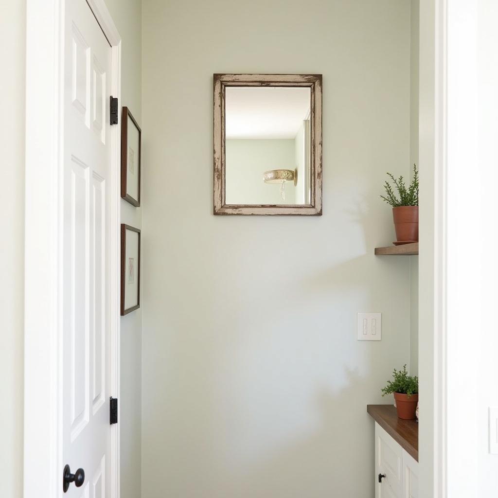 A DIY wood window wall art project with a mirror inserted into the frame, placed in a hallway, adding light and depth to the space.