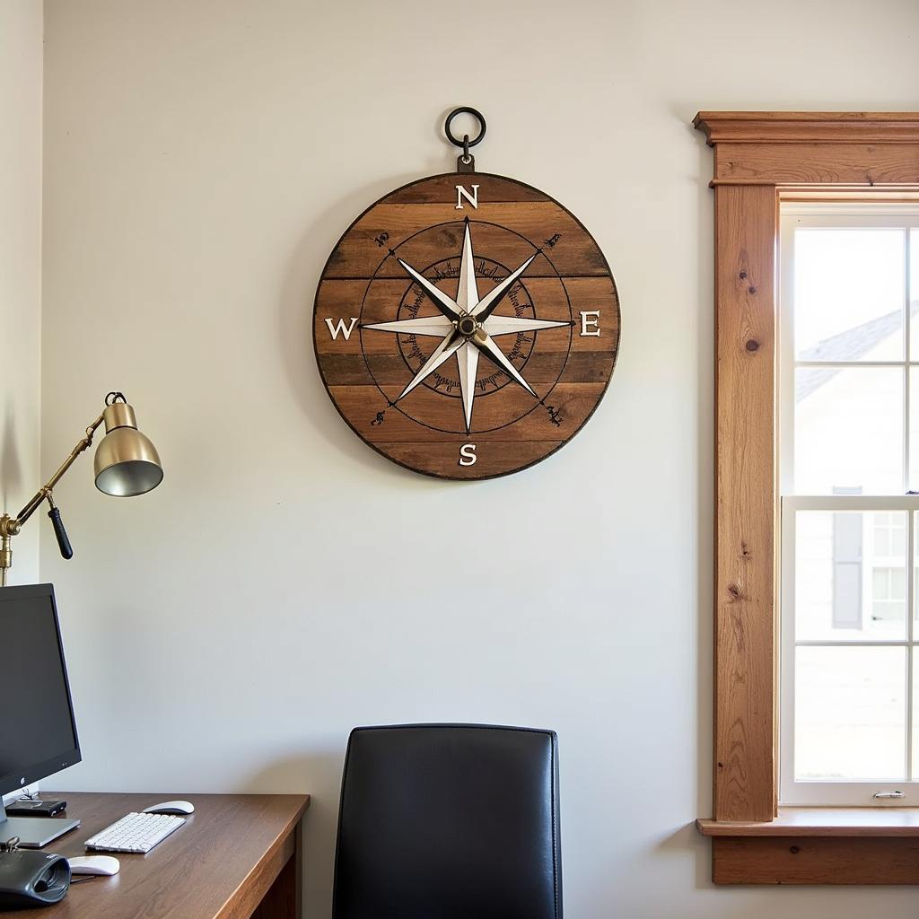 DIY Wooden Compass Wall Art in a Home Office