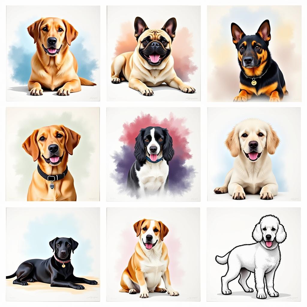 Dog art prints showcase a variety of breeds and artistic styles, from realistic portraits to whimsical illustrations.