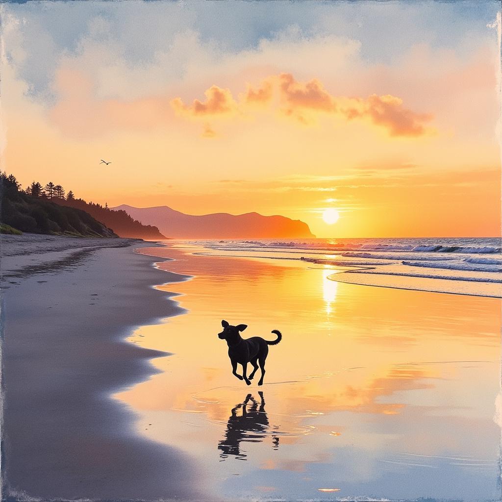 Dog Running on the Beach at Sunset