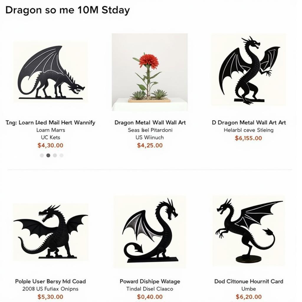 Online marketplace showcasing different dragon metal wall art pieces from various artists