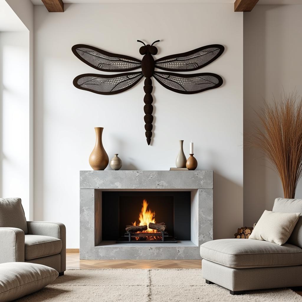 Dragonfly metal wall art displayed above a fireplace in a modern living room, creating a striking focal point.