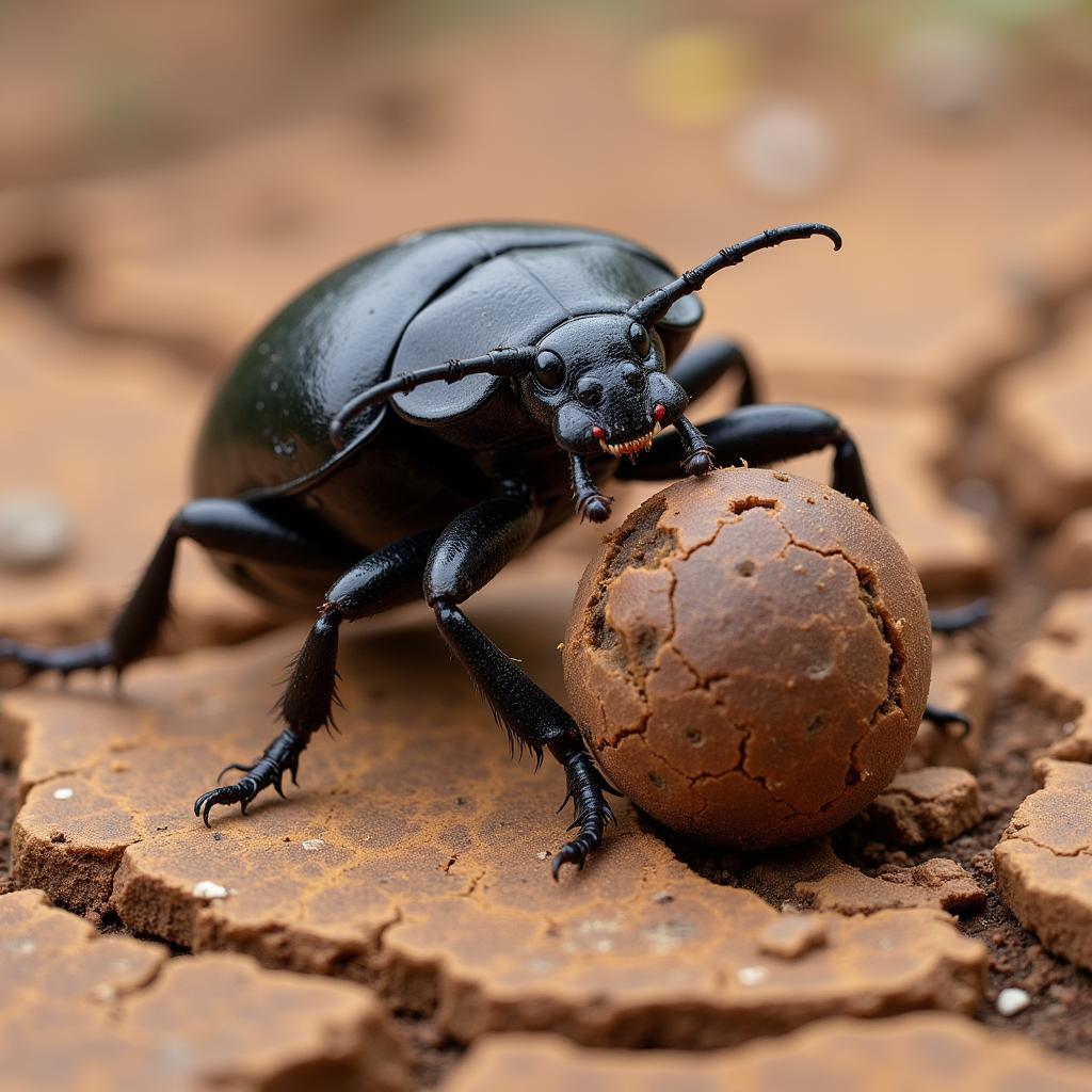 Dung beetle meticulously rolling a dung ball